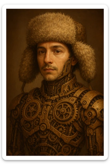 Stylized portrait of Mateo with a mechanical body and a fur shapka hat, artistic and detailed sticker