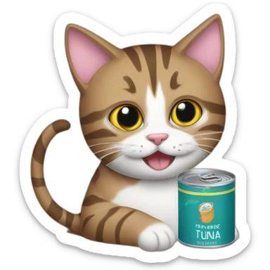 A tabby cat eating can of tuna sticker