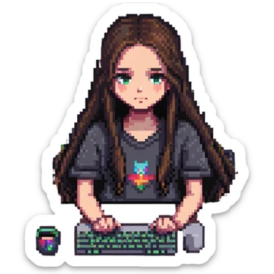 girl with long hair, only eyes visible above MacBook, working at a desk, pixel art style sticker