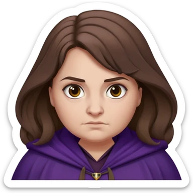 Alecto Carrow in harry potter, a woman fat, brown hair, tied hair, look evil, dark purple cloak sticker