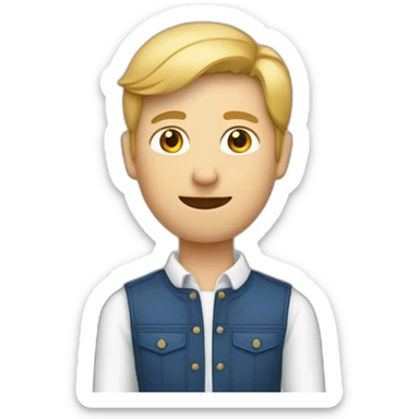 Een man met een rode jas en kort blond haar en een spijkerbroek aan en witte tanden sticker