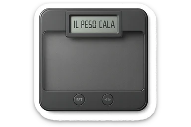 bilancia PESAPERSONE vista dall'alto con la scritta "IL PESO CALA" SUL DISPLAY, IPERREALISTA 4K sticker