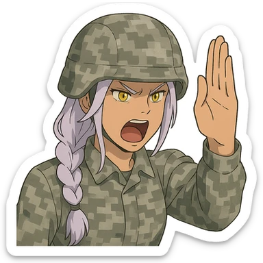 Style of Anime, 1 female, gold yellow eyes, white hair lavender tips, locks in front, mohawk, long white braid, she is a drill sergeant at work, focused facial expression, shouting command, eyes looking down in front of her, a blade hand  vertical palm gesture "to the forward" direction, uniform of gray large scale digital camo. her head is covered with a PAGS style wrapped ballistic helmet sticker