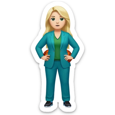 Full Body white plus size female basketball head coach with long blonde hair in a blue and green suit sticker