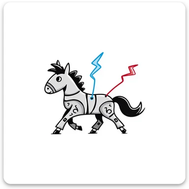 fast electric horse made of electricity, metal plates, bolts, visible blue and red wires, lightning coursing through its body, mechanical look sticker