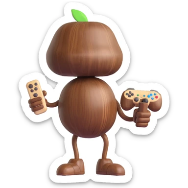 A standing walnut holding a game controller sticker