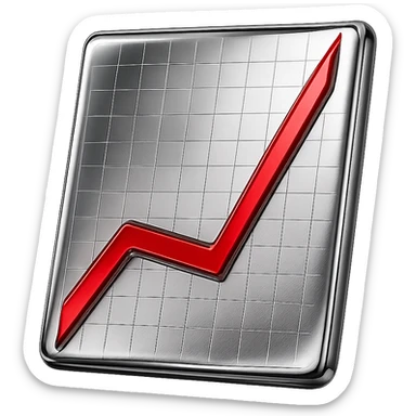 Make the white part of the chart chrome metallic with a shiny reflective surface. Keep the red line shiny and vibrant red. Keep the grid lines subtle and delicate. No background outside the chart area, transparent background outside the chart. sticker