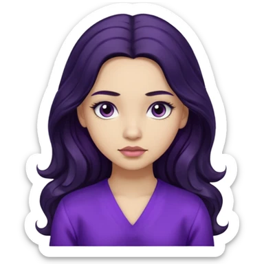 موهاش بلند و موج دار مشکی باشه و اینکه مژه هاش یکم بلند باشه دخترکی با تیپ بنفش و حالت متفکر sticker