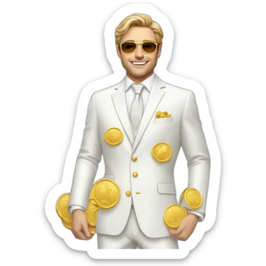 Posh-man-with-white-suit-holding-golden-coins sticker