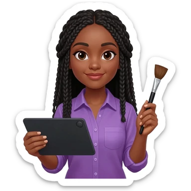 Emoji représentant une femme à la peau marron avec de longues braids noires et portant une belle chemise violette, tenant une tablette graphique dans une main et un pinceau dans l’autre sticker