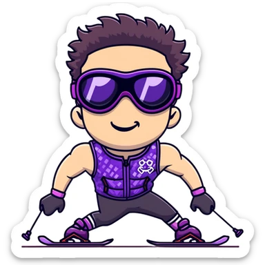 close-up of bad guy male athlete with white skin and moderately curly dark brown hair on top with shaved sides, wearing ski goggles with purple frames and very dark black lenses, a simple plain black chain necklace, and a completely unzipped sleeveless vest with purple and black sequin fire pattern design with no logo, pulling his tongue out very far in an exaggerated mocking gesture, looking menacing and villainous sticker