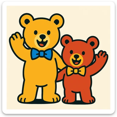 bubu and dudu bear, waving, bright and happy, clean background sticker