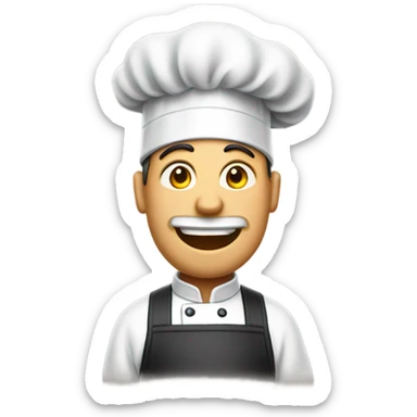 Tall man wearing a chef hat and apron next to a grill sticker