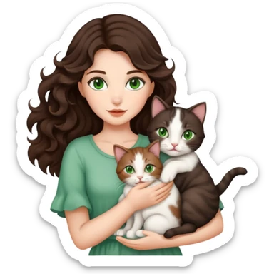 Beautiful girl with dark brown wavy hair and green eyes holding cats in arms sticker