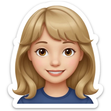 A girl with wavy, dark blonde hair, straight bangs, and straight eyes. She is smiling. sticker