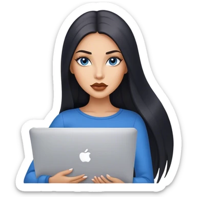 Glamours, tanned, very beautiful girl, with big pump beige lips, black straight smooth silky long hair, straight parting, blue-grey eyes, holding MacBook sticker