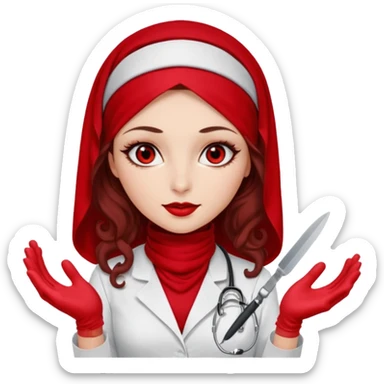 Lilith scalpel in hand, evil surgeon outfit.  She has red eyes. She has dark brown curly hair. Hair is long . Wears sexy doctor outfit with red gloves. Clears, mouth with Muslim red burka sticker