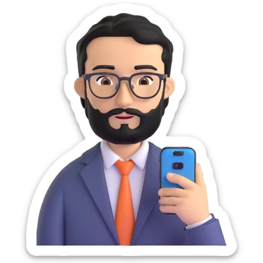 same professional man with medium black beard, neat black hair, connected unibrow, olive tan skin, brown eyes, glasses, prominent nose, in business casual attire, looking at mobile phone screen sticker
