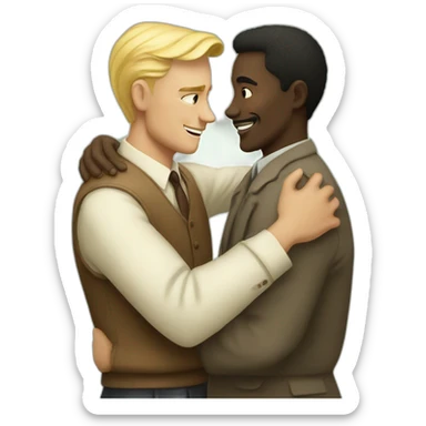 Hungarian 50s blond man hugs African 50s man sticker