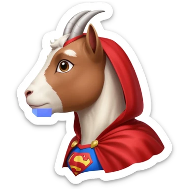 side view of white female goat wearing a read cape like superman sticker