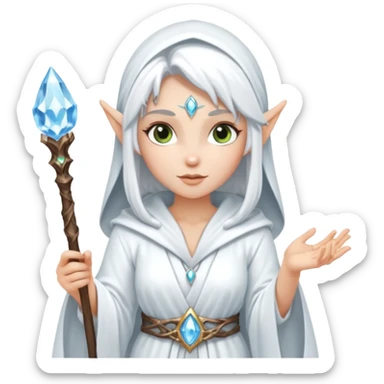 {
      "type": "human",
      "look": "snow elf sorceress, white robe, silver staff, ice gem top",
      "description": "a snow elf sorceress in a white robe with a silver staff topped by an ice gem"
    } sticker