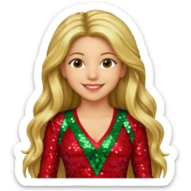 Shakira with long dark blonde hair, red green sequin outfit sticker