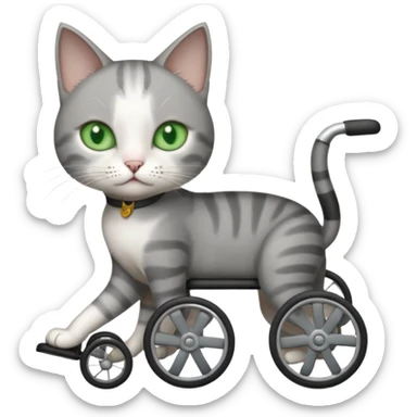 full body small short hair dark grey and white cat with green eyes walking in a wheelchair for cats sticker