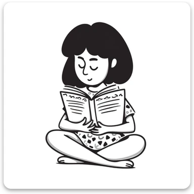 Cute girl sitting cross-legged reading from an open notebook with concentration sticker