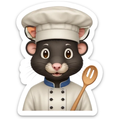 A rat with a fringe, long black hair and chefs hat sticker