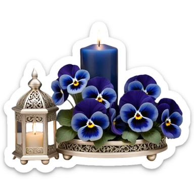 A dreamy celestial composition showcasing deep blue pansies with velvety petals, arranged around an intricately carved pearl-colored candle. The silver crescent moon in the background radiates a soft, celestial glow, illuminating swirling clouds with a hint of stardust. Floating lanterns drift gently through the night sky, casting warm, golden light. The scene is framed by delicate silver filigree patterns, giving it an elegant, almost magical feel. sticker