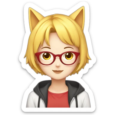 anime girl with short yellow hair, red glasses, cat ear, idol costume sticker
