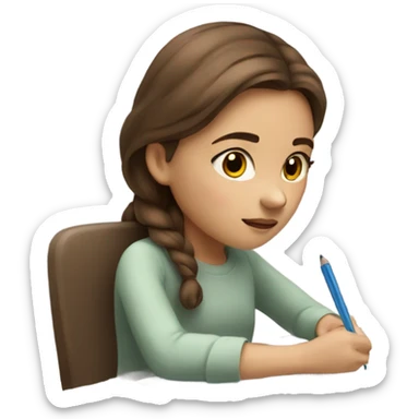 Girl with brown hair in process of writing on paper sticker