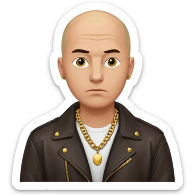 Bald Russian 1990s gangster emoji, leather jacket, gold chain, serious face sticker