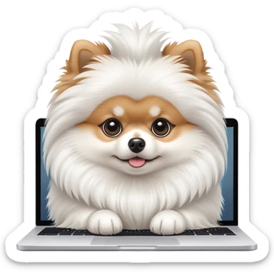 A cute Pomeranian dog working on a MacBook, front view sticker