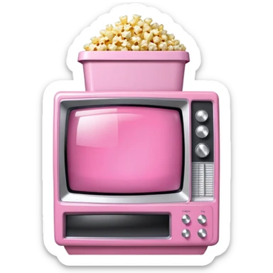 front view of transparent sparkly pink shiny CRT TV sitting on top of pink VCR, with pink/white rhinestone bucket of popcorn sitting next to it sticker