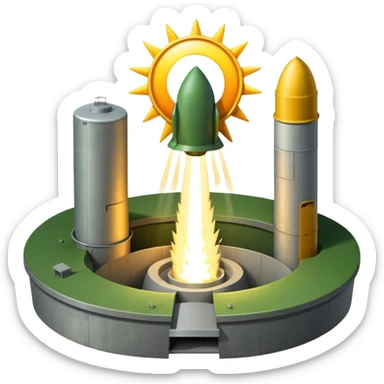green landscape with sun in top of the background, there is a grey missile silo hatch open, and the top two thirds of a white nuclear missile launching out of the silo is shown sticker