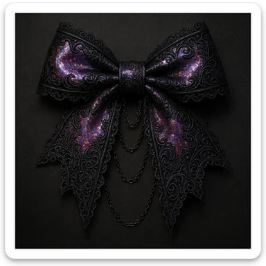 gothic lolita bow, ornate lace, holographic pink and black, delicate chains, Victorian influence, holographic effect sticker