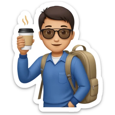An asian man wearing sunglasses and carrying a backpack, holding a cup of coffee and waving his hand (in greeting) sticker