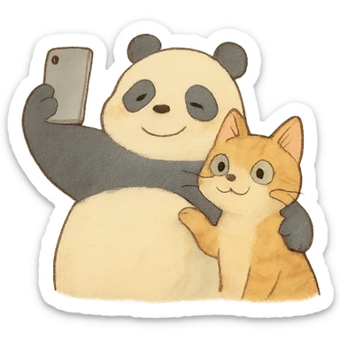 ghibli style panda and cat taking a selfie together with soft colors sticker
