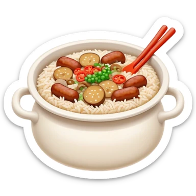 Guangdong clay pot rice with toppings and sauce, simplified emoji style with bold outlines and bright colors, cartoon style Cantonese Bo Zai Fan sticker