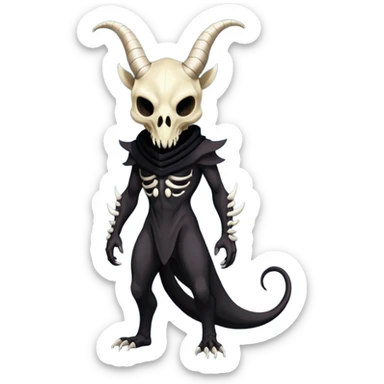 Shiny Dark Edgy  Duskull-Salandit-Inteleon-Amaura-Fakémon-hybrid-creature (full body) with a horned animal-skull-mask sticker