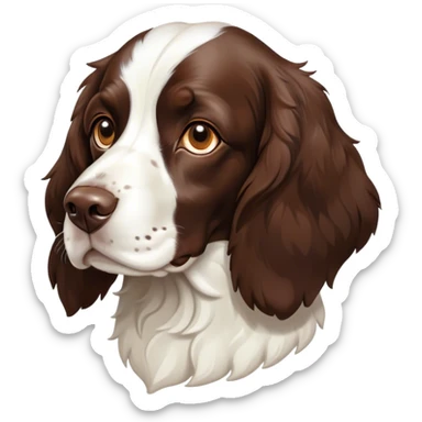 Cinematic Noble Springer Spaniel Portrait Emoji, Poised and regal, with a medium build and a glossy, well-groomed Fur of rich liver and white, deep-set soulful brown eyes, Simplified yet sharp and sophisticated features, highly detailed, glowing with a soft, dignified glow, high shine, intelligent and alert, stylized with an air of grace, focused and attentive, soft glowing outline, capturing the essence of a watchful and confident companion, so majestic it feels as though it could bound out of the screen with effortless authority! sticker