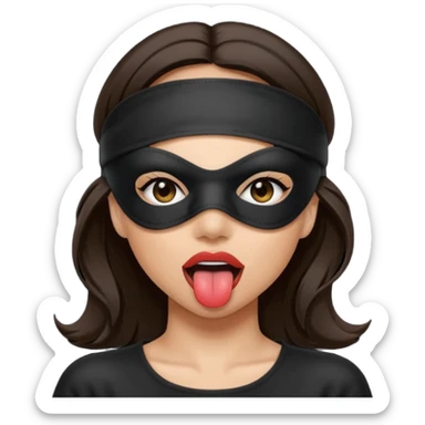 woman with dark brown hair wearing black blind fold completely covering her eyes. tongue out sticker