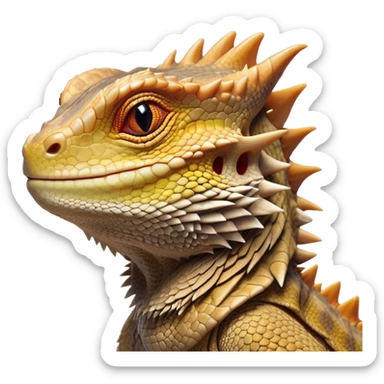 Cinematic Noble Bearded Dragon Portrait Emoji, Poised and regal, with a robust, angular build and a textured, scaled hide in earthy olive and sandy tones, a prominent spiky 'beard' beneath its chin and a keen, alert gaze, Simplified yet sharp and sophisticated features, highly detailed, glowing with a soft, dignified glow, high shine, intelligent and fierce, stylized with an air of desert majesty, focused and attentive, soft glowing outline, capturing the essence of a watchful and commanding reptile, so majestic it feels as though it could scuttle out of the screen with effortless authority! sticker
