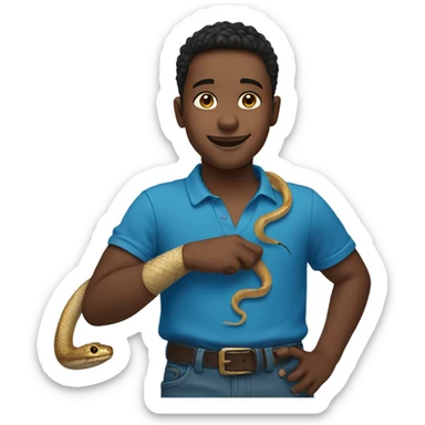 smiling boy outdoors in blue with snake on arm sticker