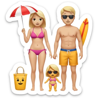 Ein Emoji, das ein älteres Paar am Strand zeigt: die Frau sehr schlank mit mittellangem, blondem Haar im Bikini, der Mann mit dickem Bauchz in Badeshorts. Beide sind im Ruhestand und liegen entspannt in Liegestühlen, um sich vom Stress des Rentnerlebens zu erholen mit sonnenschirm sticker