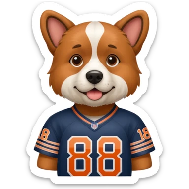 My dog wearing a Chicago bears jersey with number 18 sticker
