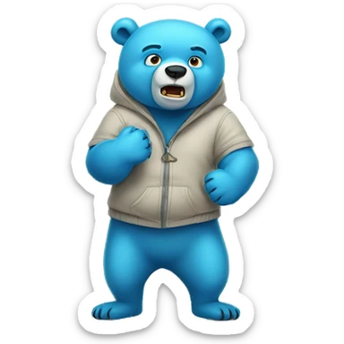 Grown Funny blue bear wearing clothes being scared and holding face  sticker