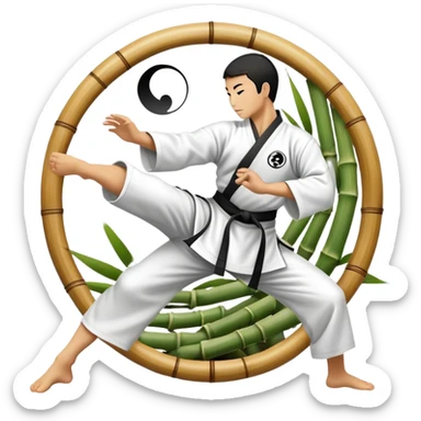 An icon symbolizing Eastern martial arts in the style of an emblem, featuring a black-and-white Yin-Yang symbol at the center. A martial artist is performing a fluid kick, surrounded by elements like a dojo and bamboo. Transparent background highlights balance and harmony. sticker