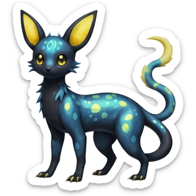 Rare epic aesthetic iridescent spooky gloomy colorful Salandit-Umbreon-Eevee-Genet-species-Fakemon-hybrid-creature, with markings, full body sticker